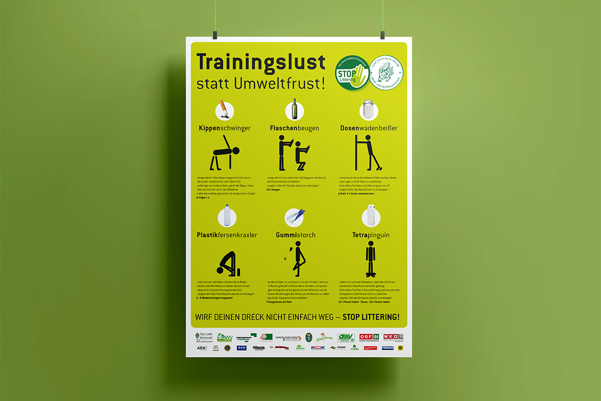 Abgebildet ist ein Flyer des Steirischen Frühjahrsputz - der Stop Littering Kampagne. Auf dem Flyer steht "Trainingslust statt Umweltfrust" geschrieben und es sind Turnübungen mit kreativen Namen zu sehen.