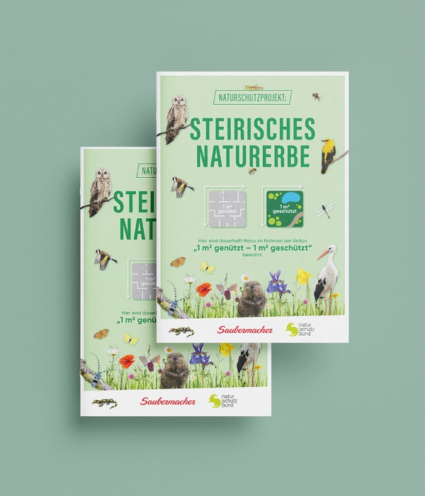 Abgebildet ist der Folder der Kampagne "1m2 genützt - 1m2 geschützt" des steirischen Naturerbes. Auftraggeber dieses Projekts waren die Saubermacher AG und der Naturschutzbund.