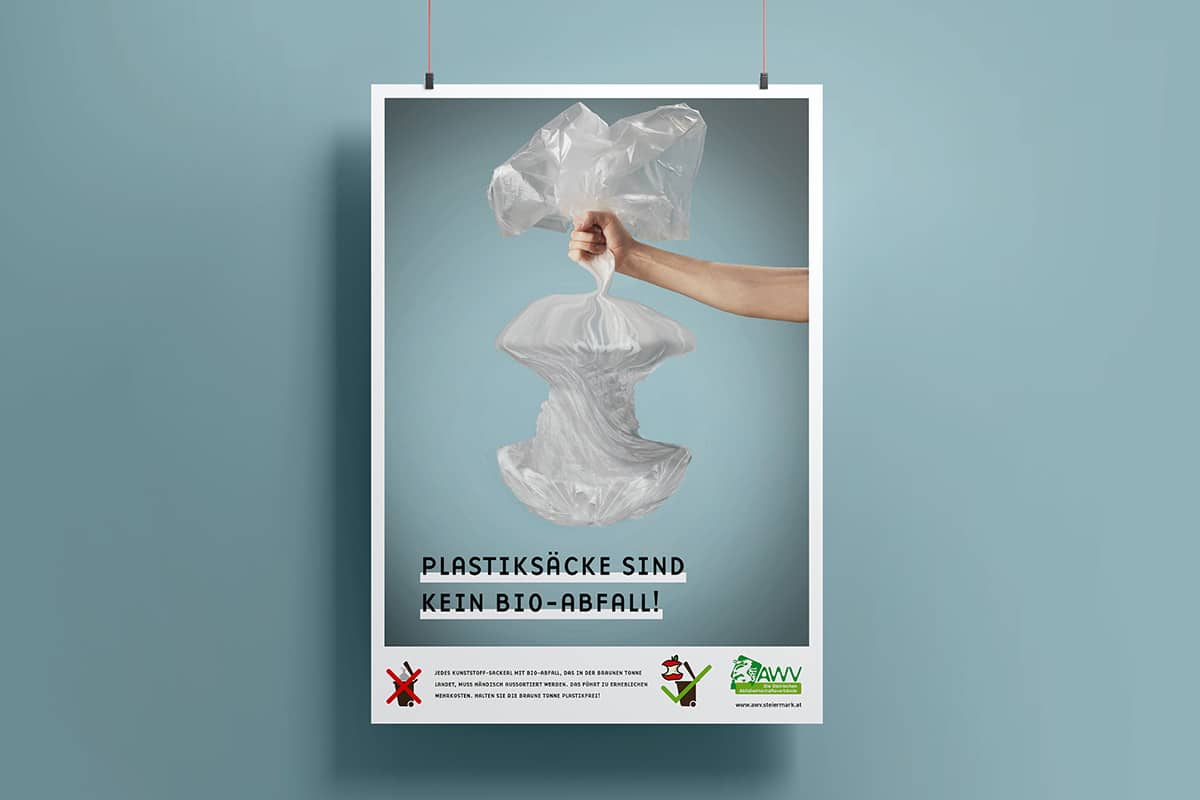 Zu sehen ist ein Plakat der Kampagne "Plastik ist kein Biomüll". Der Kunde der Kampagne war der Abfallwirtschaftsverband Mürzverband.