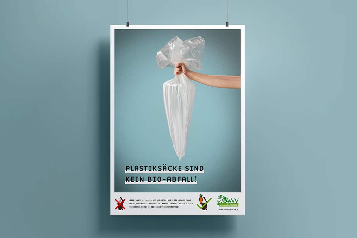 Zu sehen ist ein Plakat der Kampagne "Plastik ist kein Biomüll". Der Kunde der Kampagne war der Abfallwirtschaftsverband Mürzverband.